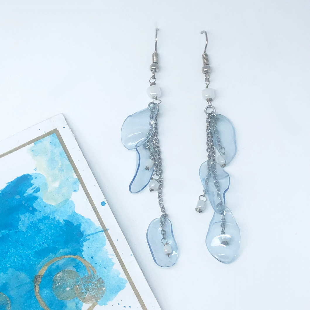 Recycled plastic bottle transformed into a modern and floral design  drop earrings. 