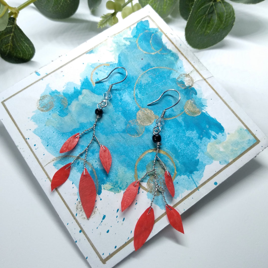 Real Joy Autumn collection. Autumn Leaves drop earrings handmade with recycled plastic bags.